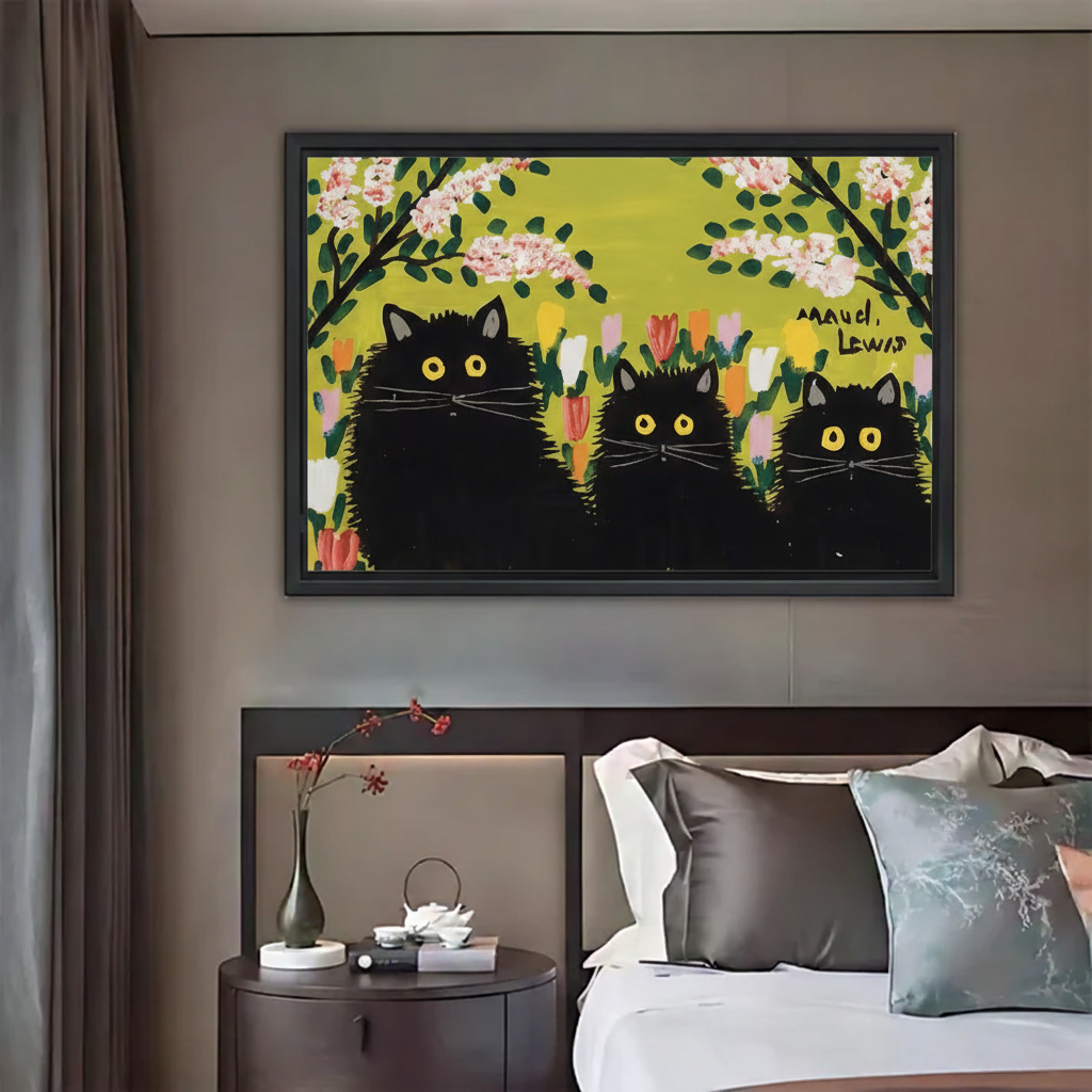 Spring Cat Wall Art - Black Cats with Flowers Print|Liberty Signs #L609