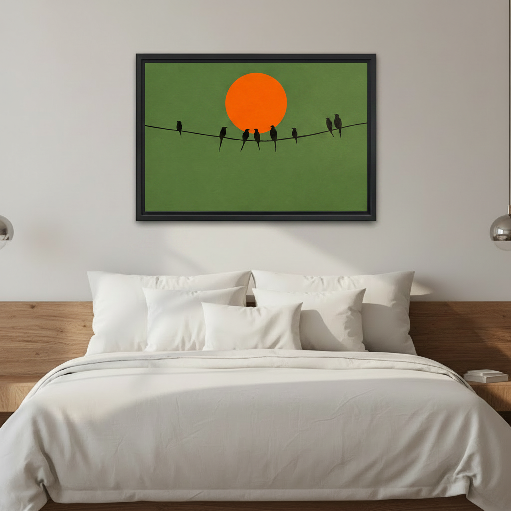 Minimalist birds on wire wall art displayed above sofa in modern living room, bold orange sun silhouette print, olive green nature home decor