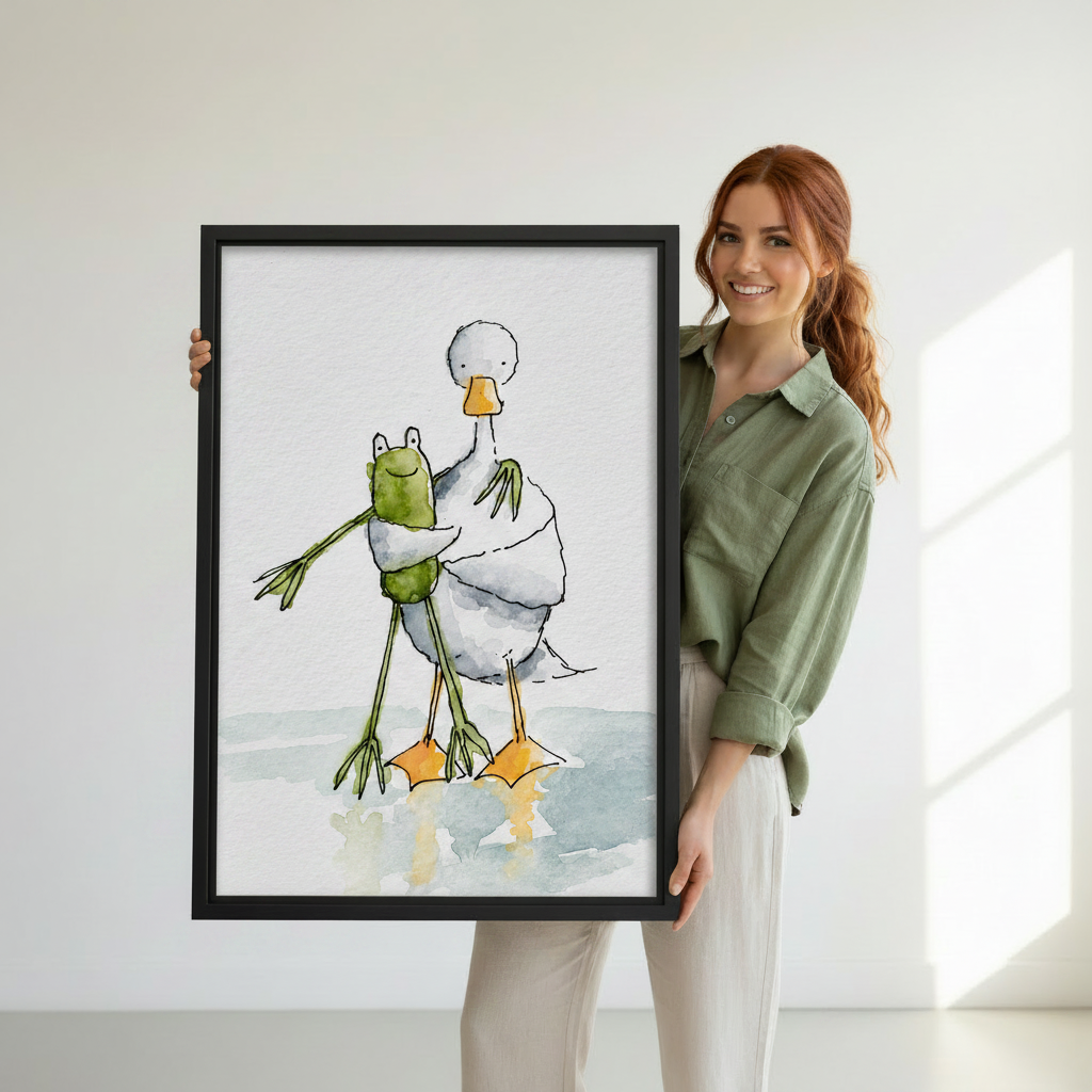 Woman holding frog hugging goose framed watercolor wall art print – whimsical animal illustration, funny home decor
