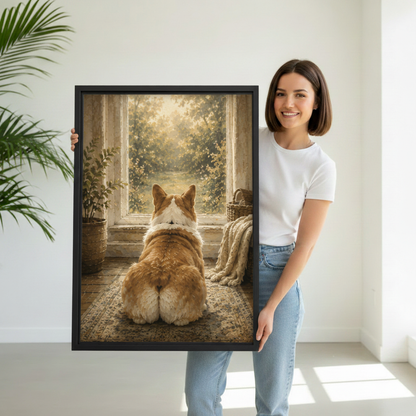 Corgi window oil painting canvas wall art — woman holding large black framed print in a modern interior