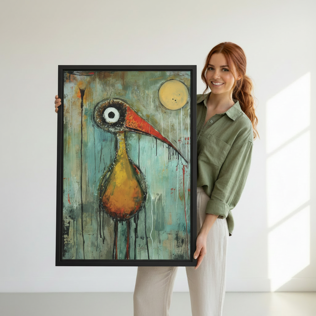 Woman holding abstract expressionist bird grunge canvas wall art — quirky drip paint bird oil painting framed print, bold gallery wall statement piece