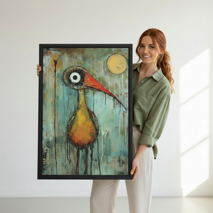 Woman holding abstract expressionist bird grunge canvas wall art — quirky drip paint bird oil painting framed print, bold gallery wall statement piece