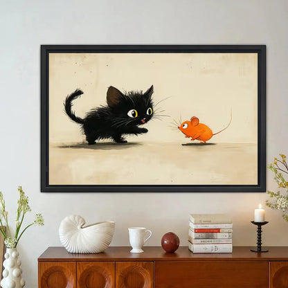 Funny Black Cat and Mouse Framed Canvas Wall Art|Liberty Signs#L1768