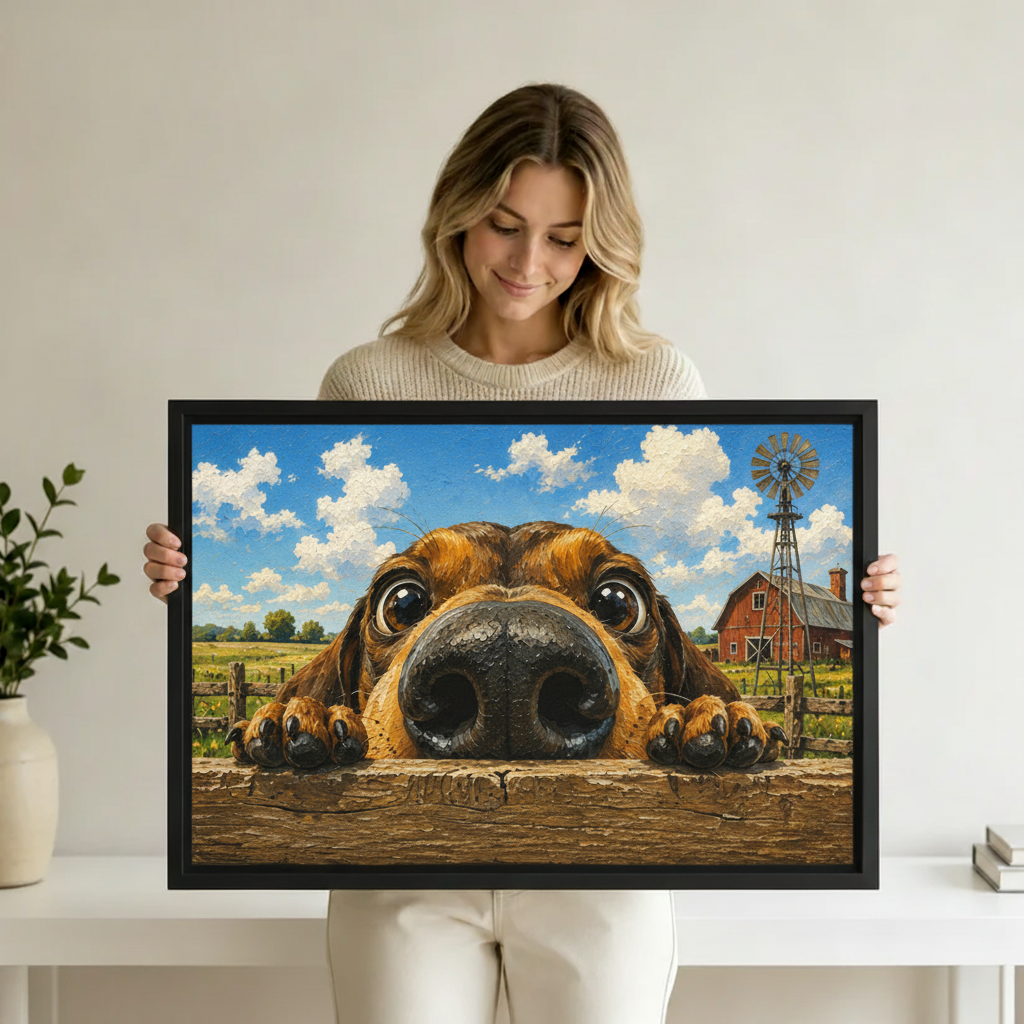 Woman holding curious dog farm wall art framed print, whimsical oil painting canvas for dog lovers