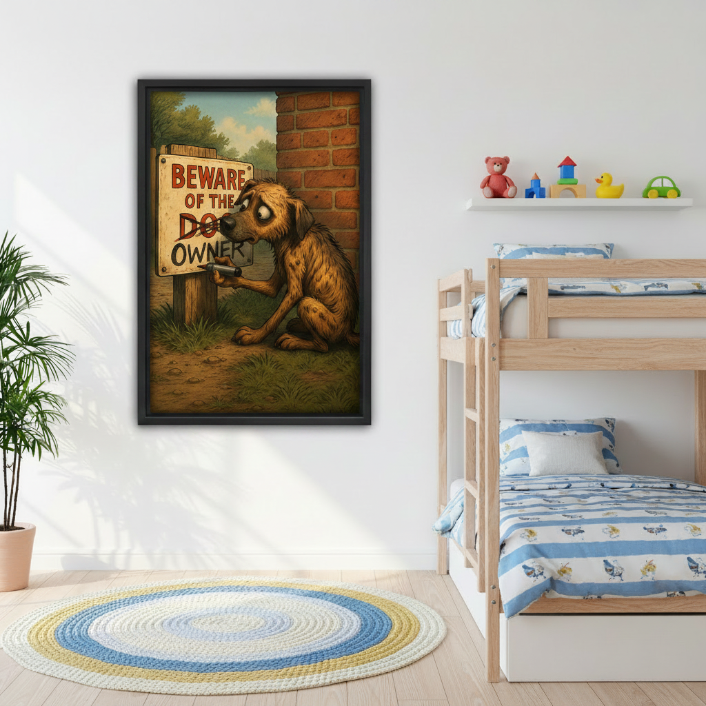 Funny dog beware of owner humorous wall art in black frame above grey sofa in Scandinavian living room