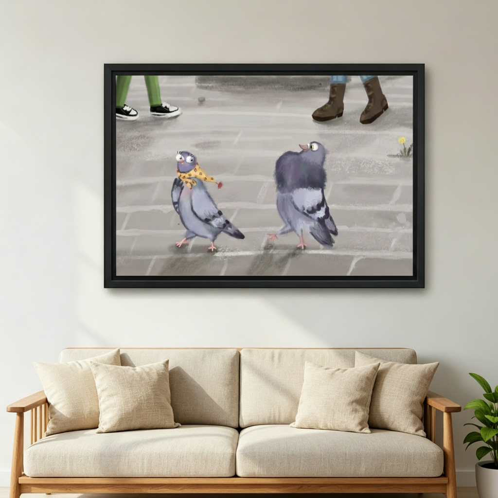 Whimsical city pigeons wall art displayed above sofa in modern living room, funny bird print, eclectic colorful home decor
