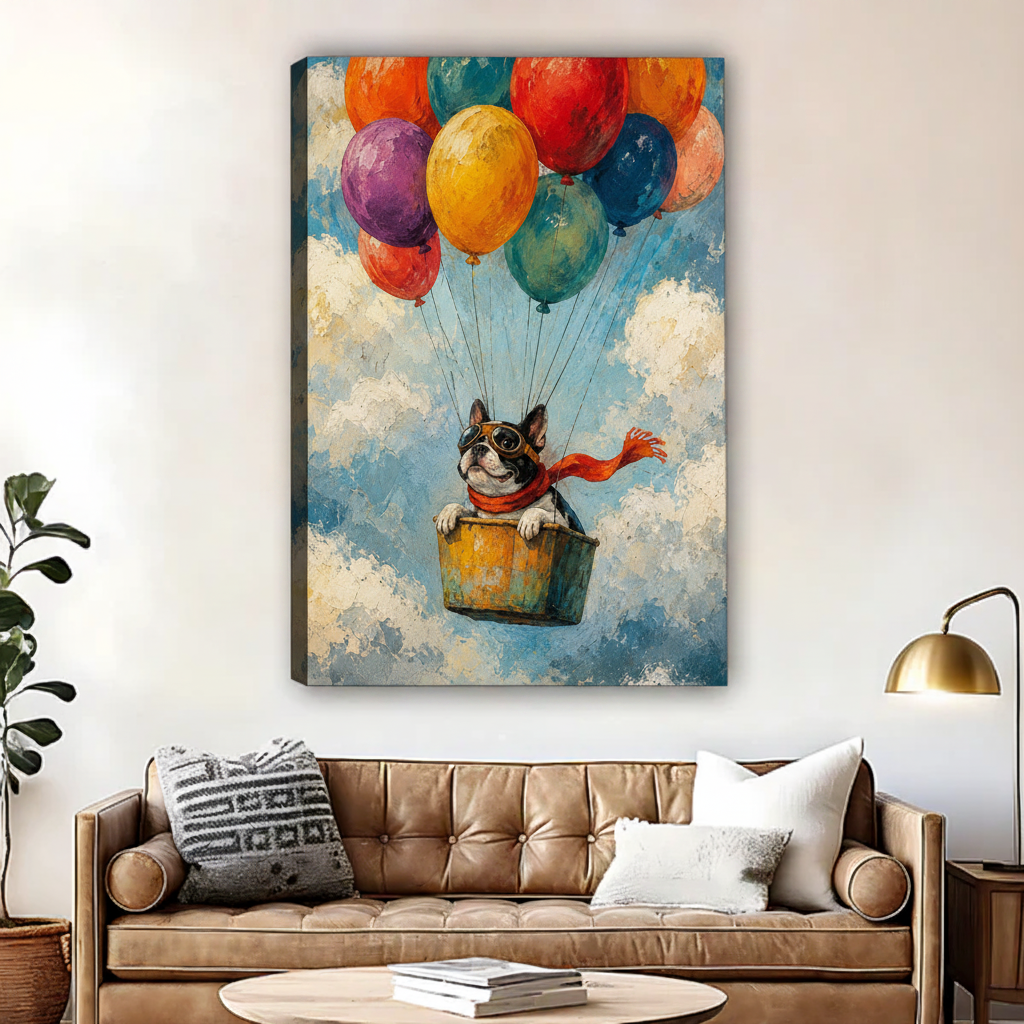 Whimsical French Bulldog hot air balloon canvas art — colorful oil-style illustration for living room or kids room wall decor