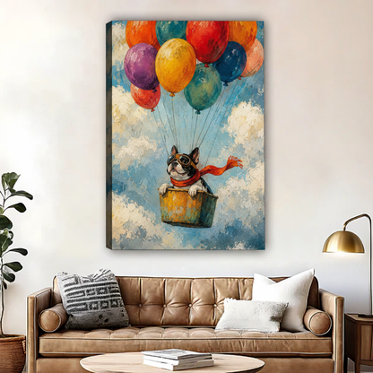Whimsical French Bulldog hot air balloon canvas art — colorful oil-style illustration for living room or kids room wall decor