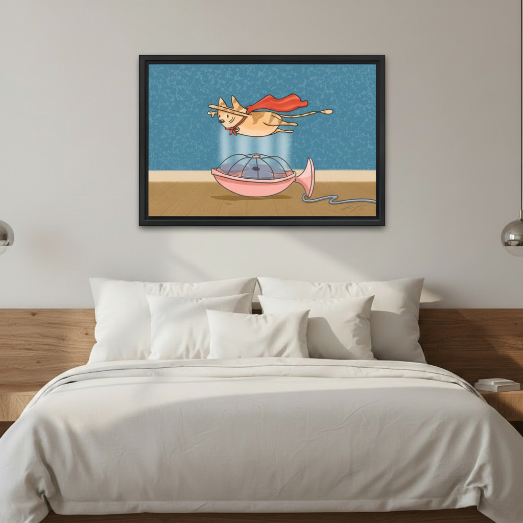Super cat fan wind canvas wall art close-up — whimsical funny cat print perfect for pet lover home decor