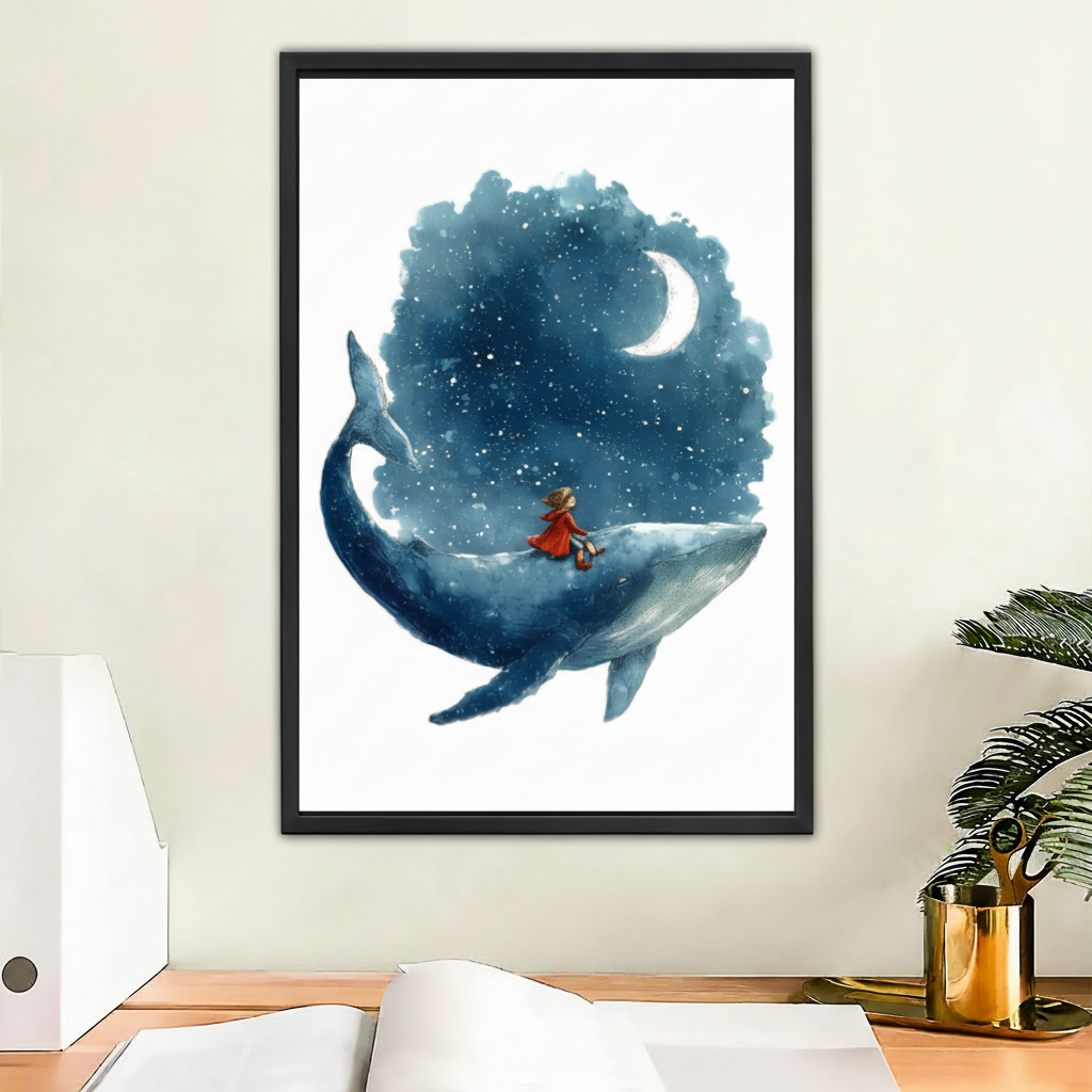Dreamy Whale Galaxy Girl Watercolor Wall Art Print l1985