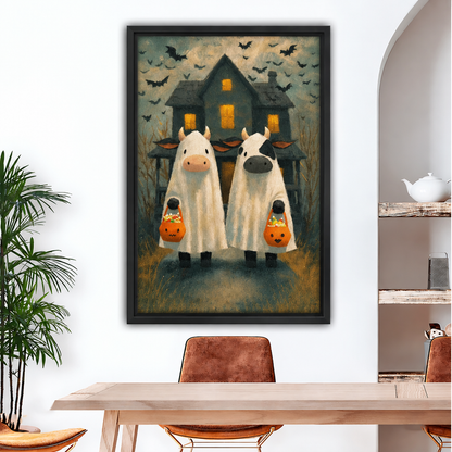 Whimsical Ghost Cow Halloween Canvas Wall Art | Framed & Unframed l4663