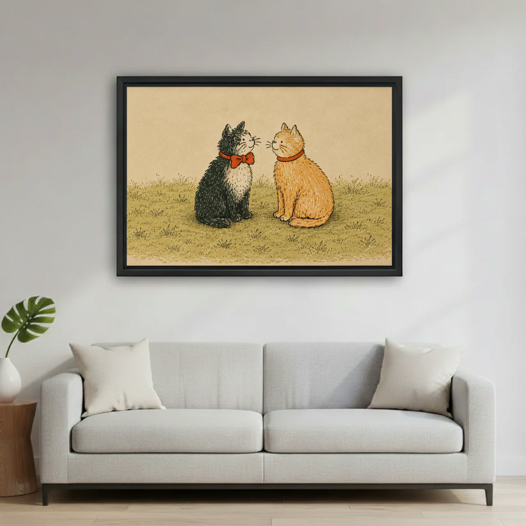 Whimsical cat couple art print in black frame for living room or kids room