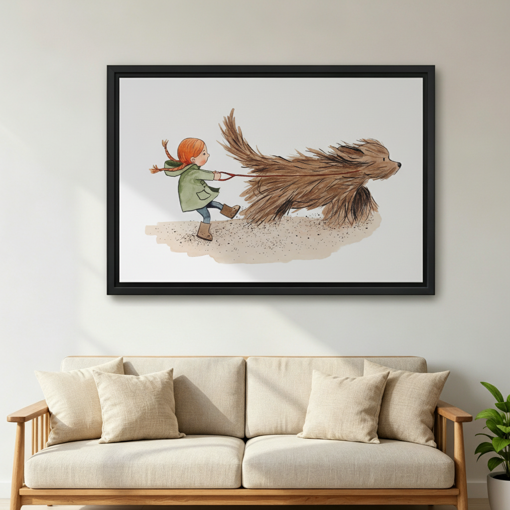 Whimsical girl and dog watercolor print — woman holding framed canvas art in a bright modern interior
