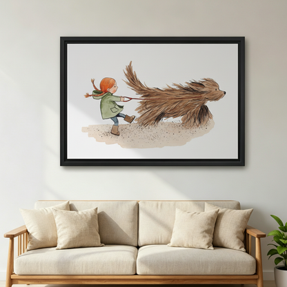 Whimsical girl and dog watercolor print — woman holding framed canvas art in a bright modern interior