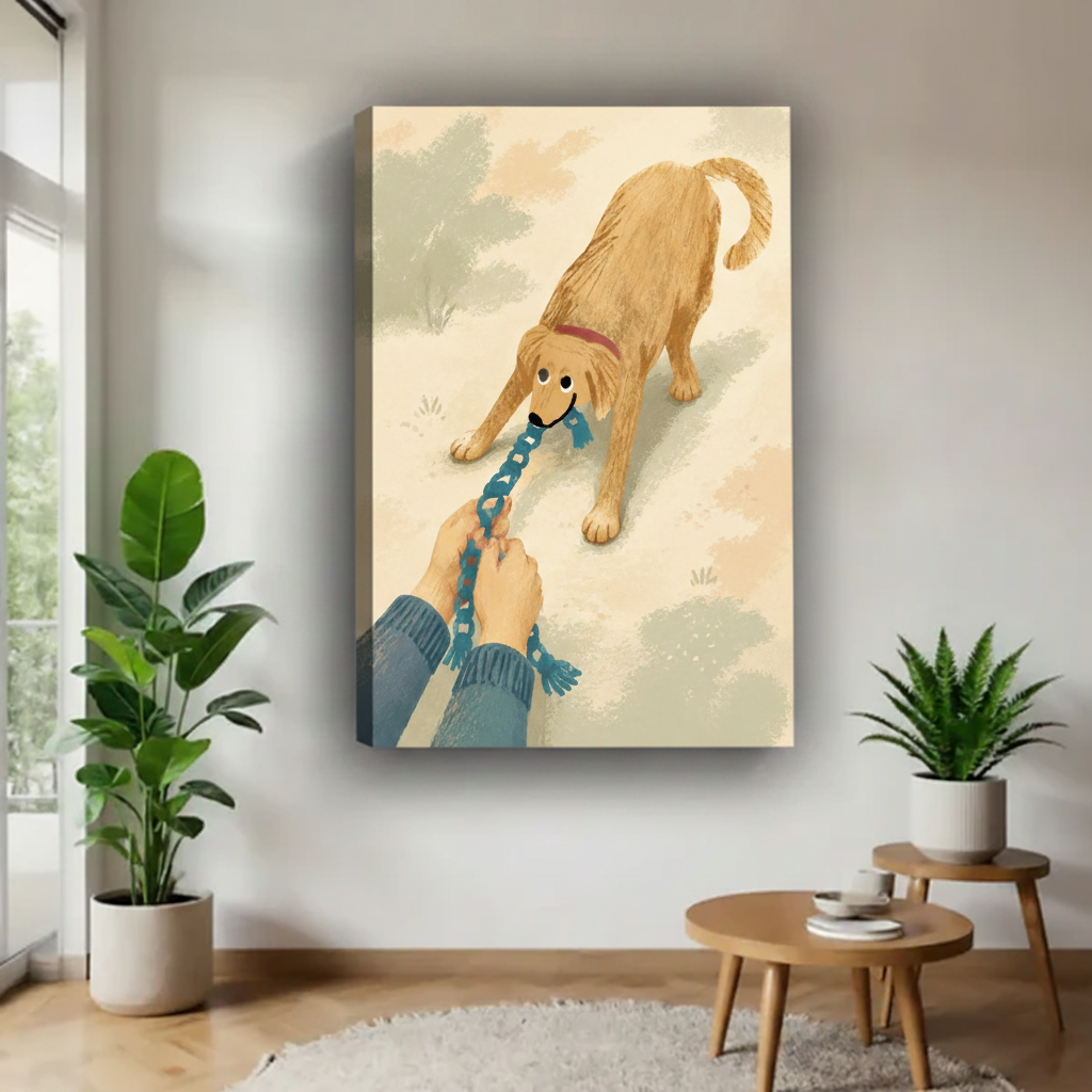 Stubborn golden retriever canvas art print — humorous dog lover wall decor featuring golden retriever digging in heels on leash