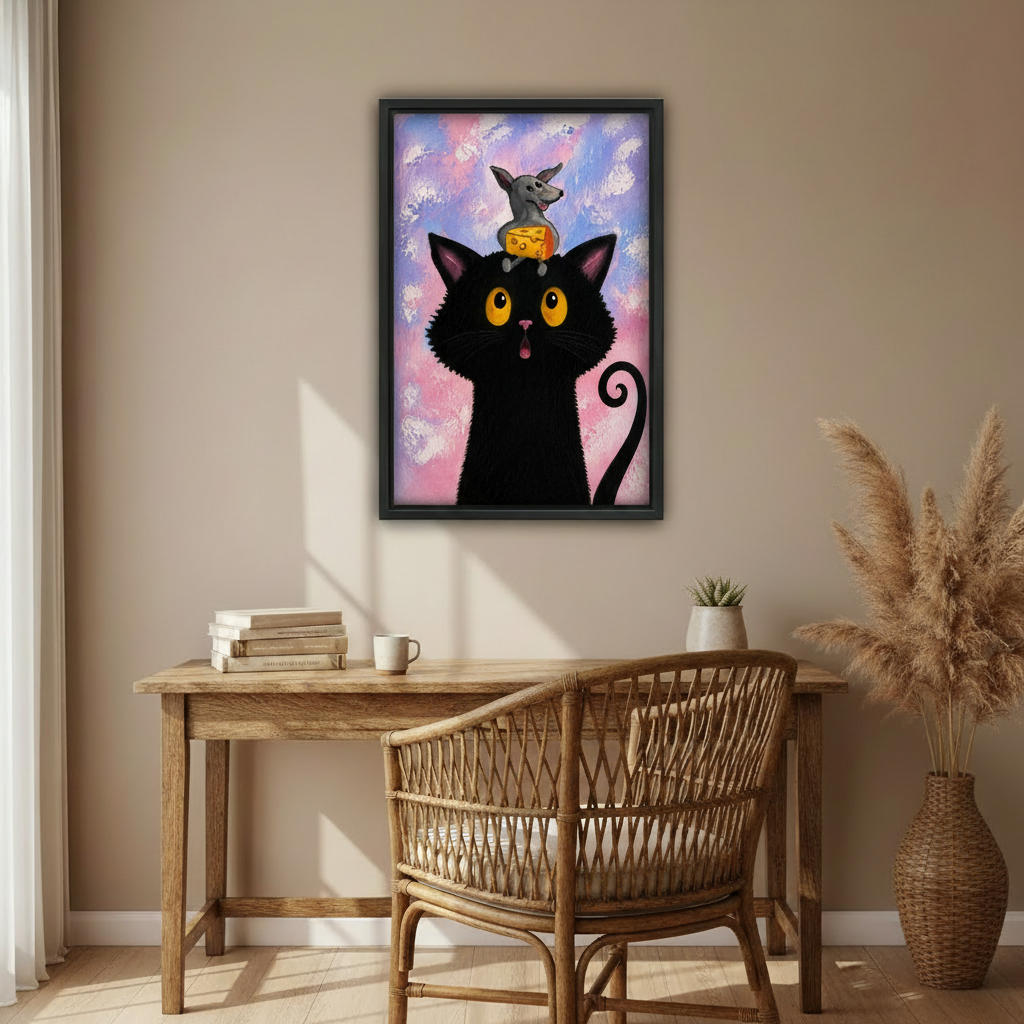 Whimsical black cat shocked expression canvas print displayed in living room, cat lover wall art
