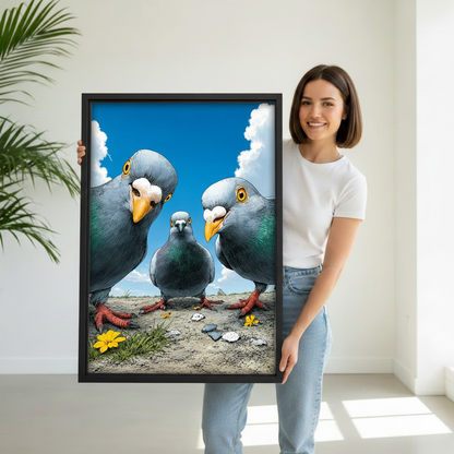 Woman holding funny pigeon trio framed print, black frame, comic bird wall art, home decor gift
