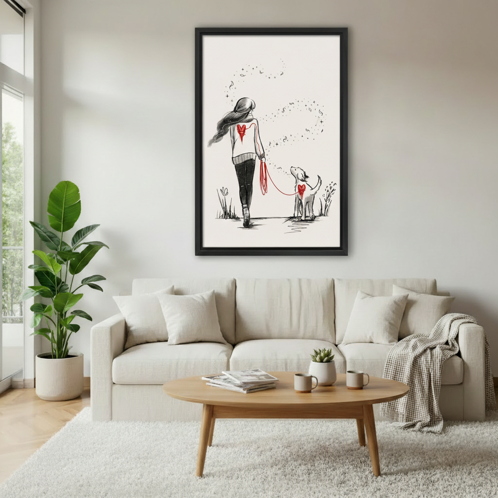 Girl walking dog framed wall art in modern living room — poetic dog lover sketch canvas print for living room decor