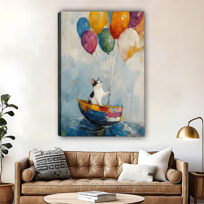 Cat sailing on balloon boat frameless canvas wall art, impasto oil painting style print for bedroom decor