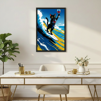 Surfing Cat Wine Funny Animal Wall Art Print l1978