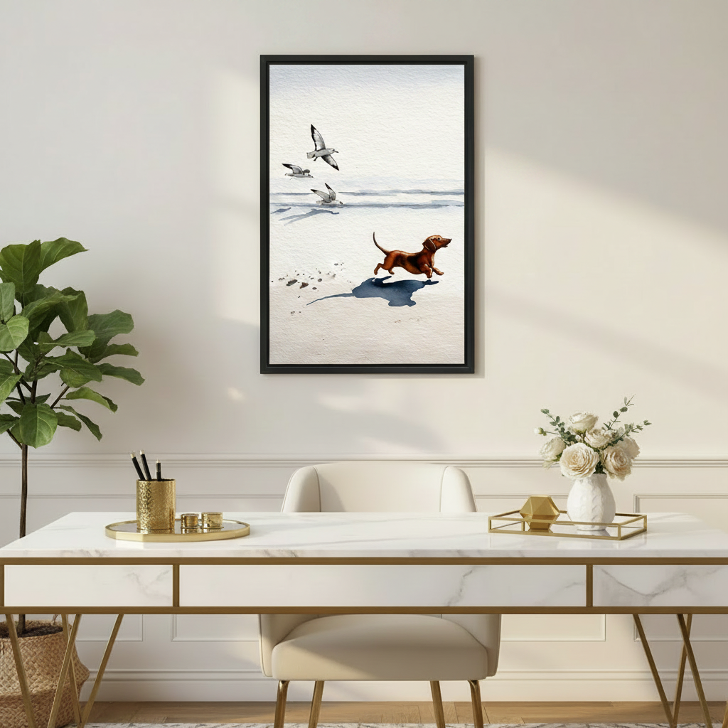 Dachshund Beach Run Seagull Watercolor Wall Art Print l1988