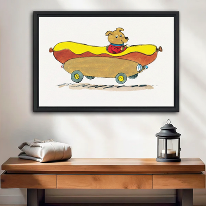 Dog Driving a Hot Dog Car Whimsical Canvas Wall Art — black framed print displayed on a living room wall