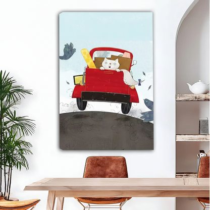 Funny cat moving day whimsical canvas art gallery wrap — white cat on red pickup truck illustration, frameless wall art for kids room or living room