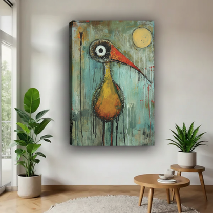 Abstract expressionist bird grunge gallery wrap canvas print — drip paint style quirky bird with yellow moon, frameless bold statement wall art