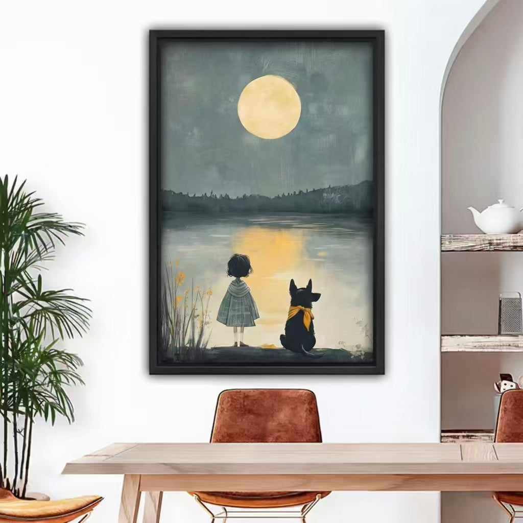 Moonlit lake girl and dog framed canvas wall art in dining room