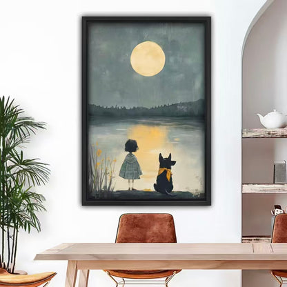 Moonlit lake girl and dog framed canvas wall art in dining room