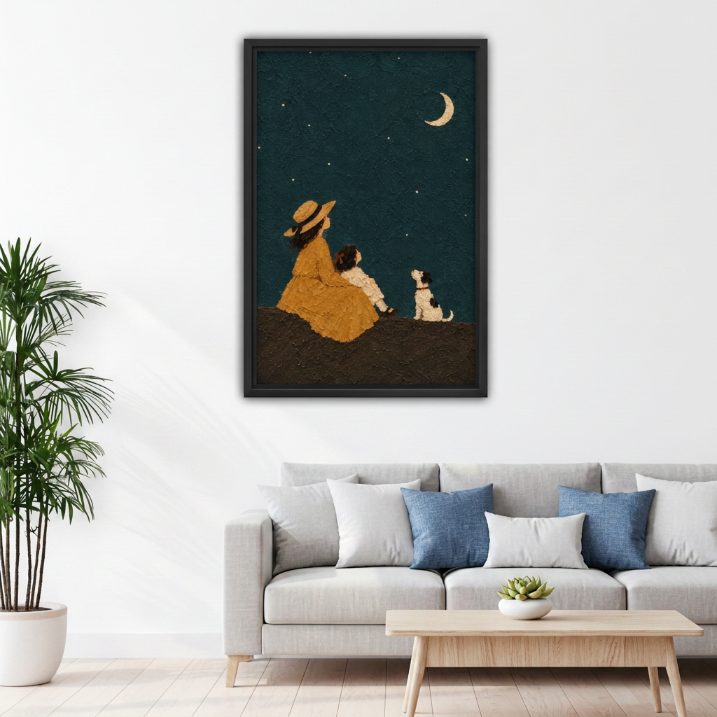 Folk Art Woman Child and Dog Under Moon Canvas Wall Art | Framed & Unframed l4933
