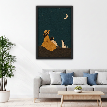 Folk Art Woman Child and Dog Under Moon Canvas Wall Art | Framed & Unframed l4933