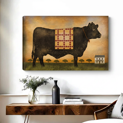 Rustic Folk Art Black Cow Canvas Wall Art | Framed & Unframed l4989