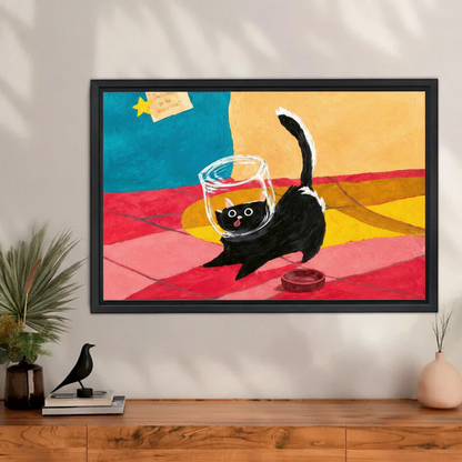 Funny black cat with fishbowl head canvas wall art, vibrant colorful background