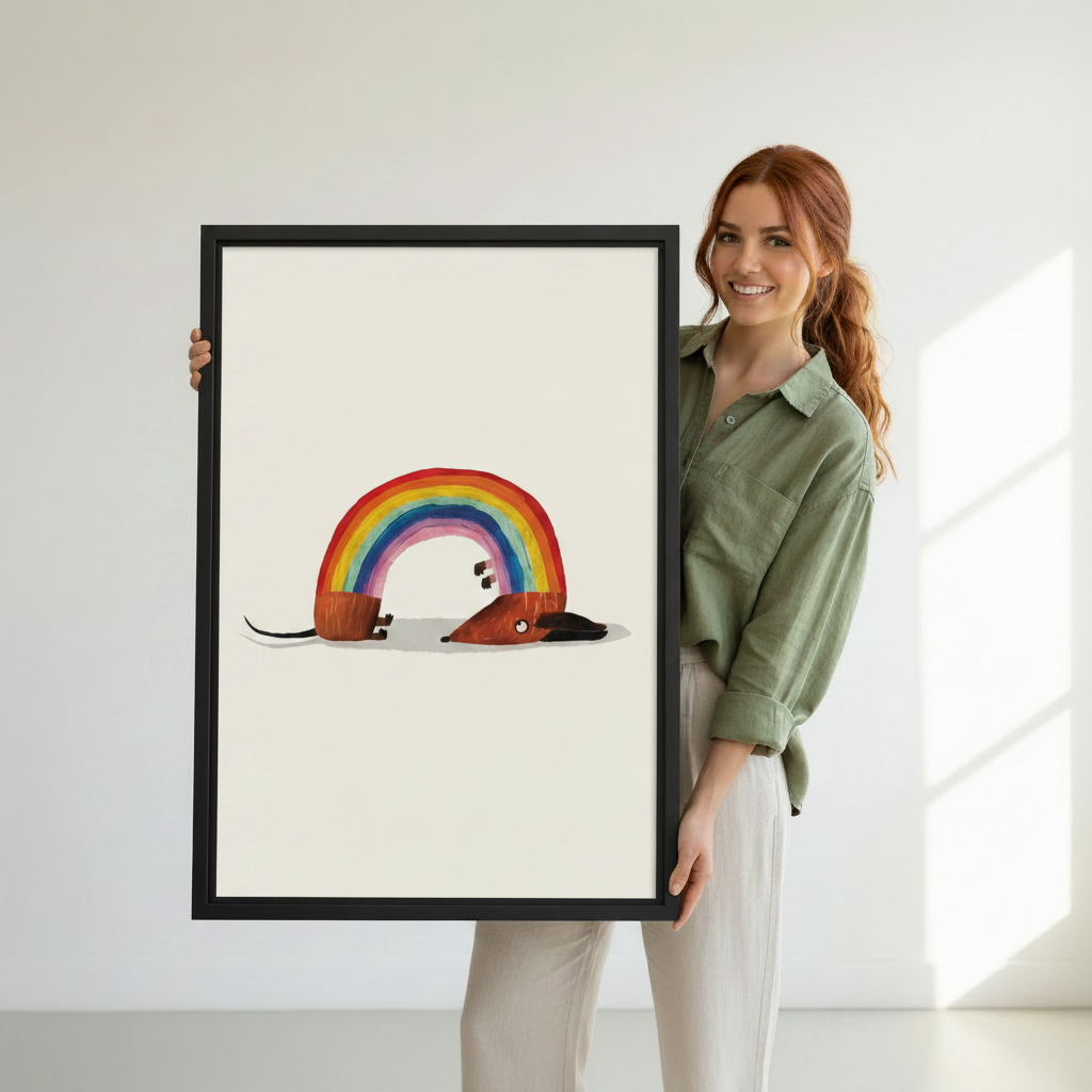 Woman holding funny rainbow dachshund minimalist canvas print – black framed wall art, colorful dog rainbow illustration on white, whimsical pet lover gift for modern home or kids room decor