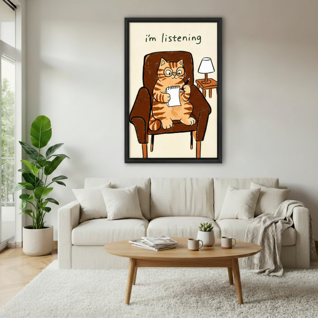Funny therapist cat framed canvas wall art print in minimalist living room, quirky orange cat with glasses wall decor