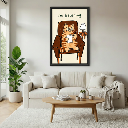 Funny therapist cat framed canvas wall art print in minimalist living room, quirky orange cat with glasses wall decor