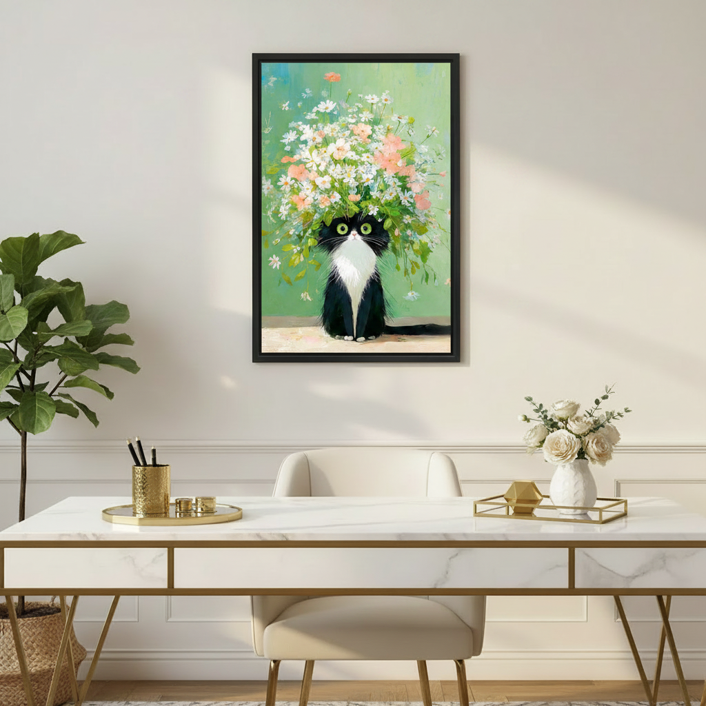 Charming black and white cat floral crown oil painting wall art print in black frame above marble gold-leg desk with white roses and gold stationery in elegant home office