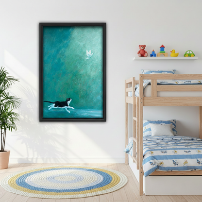 Black and white cat chasing white bird framed art print, black frame, teal oil painting style, hung above a grey linen sofa in a bright Scandinavian living room with indoor palm