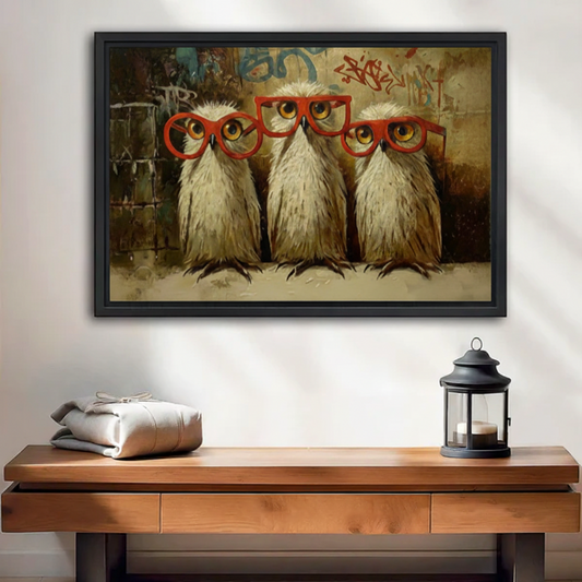 Funny owls wearing red glasses framed canvas wall art on entryway wall, quirky graffiti owl print black frame