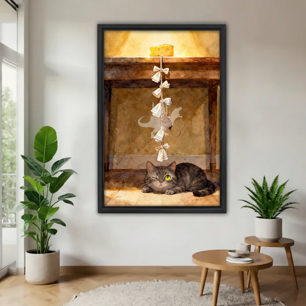 Whimsical cat mouse cheese watercolor canvas wall art in black frame above console table, lazy tabby cat with glowing yellow eyes