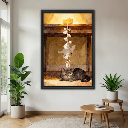 Whimsical cat mouse cheese watercolor canvas wall art in black frame above console table, lazy tabby cat with glowing yellow eyes