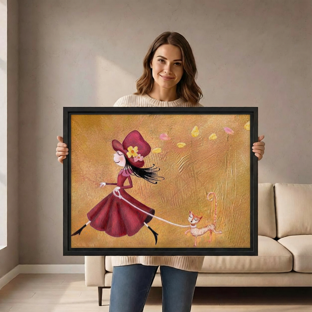 Woman holding whimsical girl walking dog canvas print autumn storybook wall art