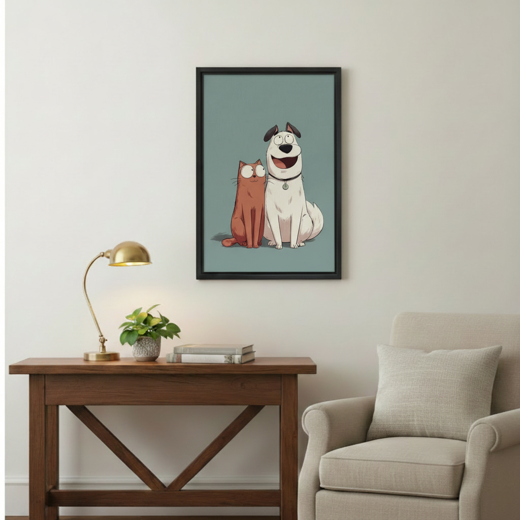 Whimsical orange cat and white dog friendship cartoon wall art print in black frame above rustic wood console table with gold desk lamp and cream armchair in cozy reading nook