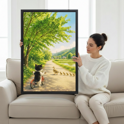 Woman holding large framed cat and ducks countryside canvas print on white sofa