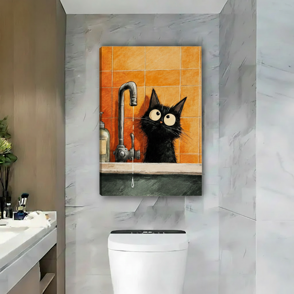 Funny Black Cat Bathroom Wall Art Canvas Print l2030