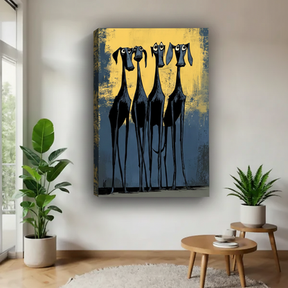 Funny long-legged dogs canvas wall art in navy blue and yellow, whimsical greyhound painting for living room decor