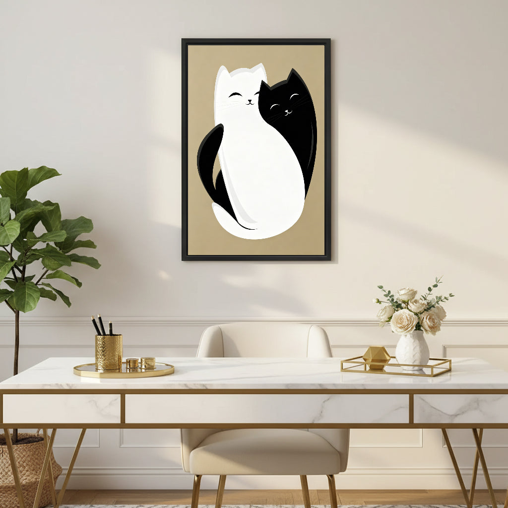 Black and white cat yin yang couple wall art print in black frame above marble gold-leg desk with white roses in elegant home office