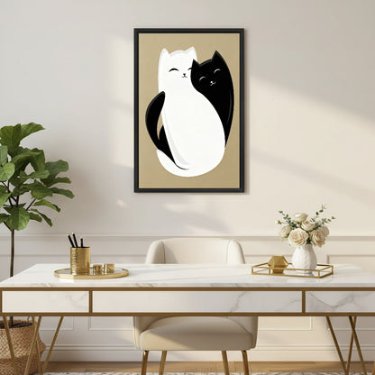 Black and white cat yin yang couple wall art print in black frame above marble gold-leg desk with white roses in elegant home office