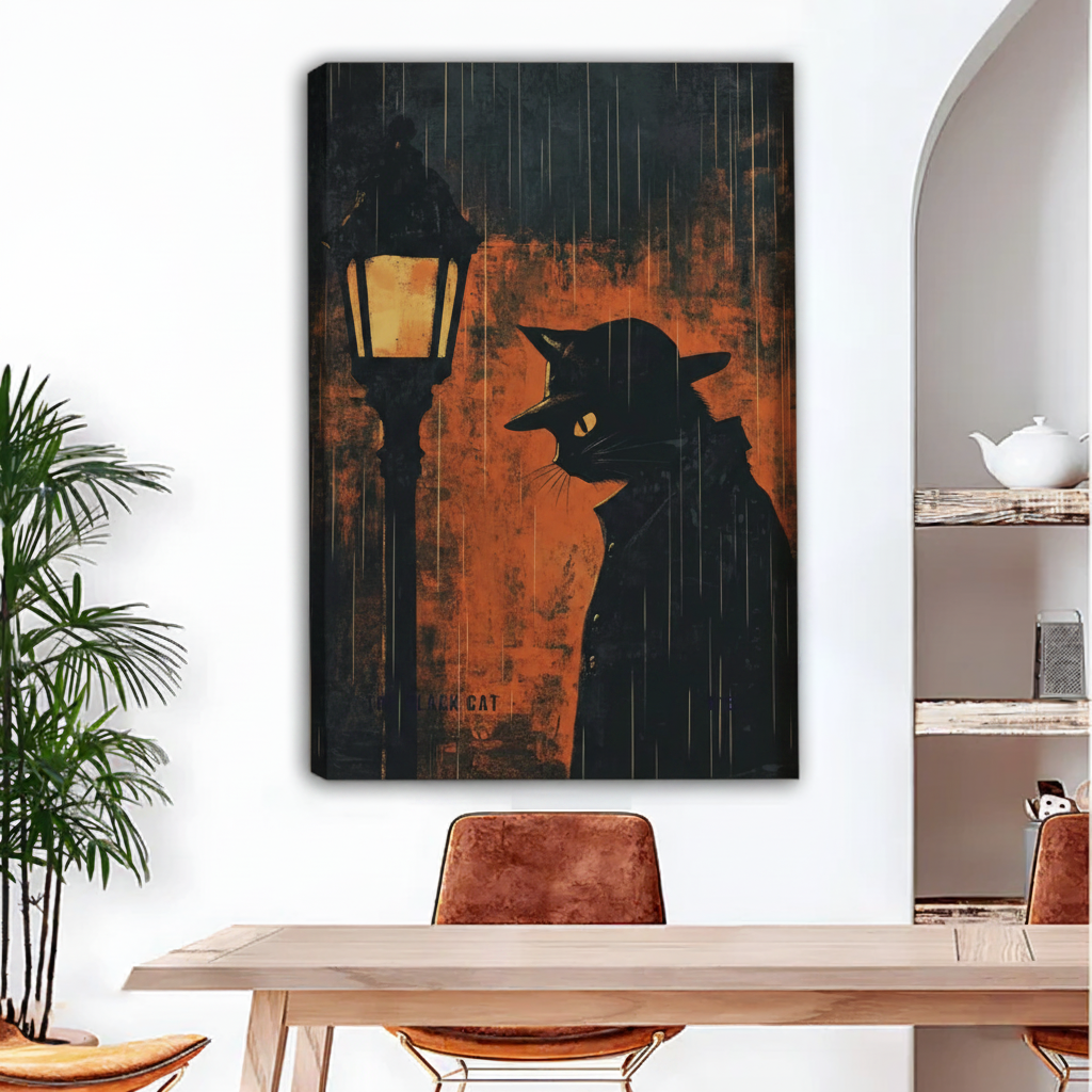 Noir black cat canvas wall art — detective cat under rainy street lamp, vintage moody print for dining room